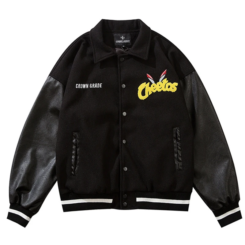 Мужская куртка-бомбер из искусственной кожи в стиле пэчворк с нашивкой аниме