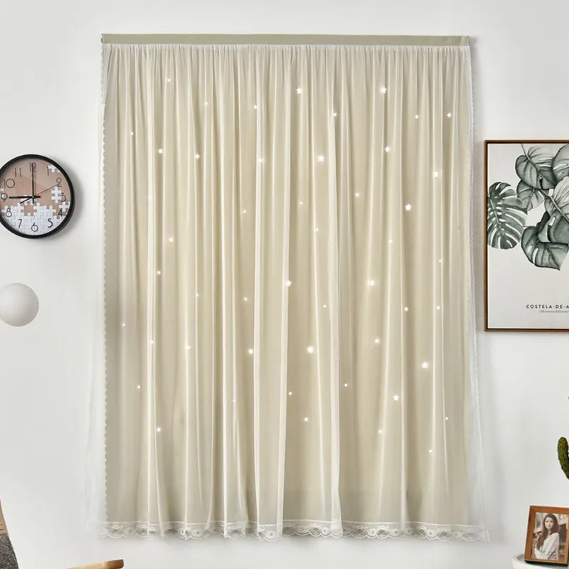 Double Layer Blackout Star Hollow Punch-free Magic Sticker Curtain with Lace Tulle Fabric for Home Living Room window Decoration