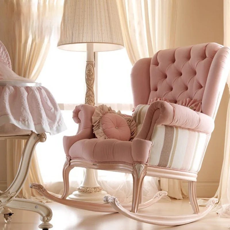 

GY Customized European-Style Pink Rocking Chair Simple Solid Wood Soft Cloth Sofa Personality Single Leisure Chair