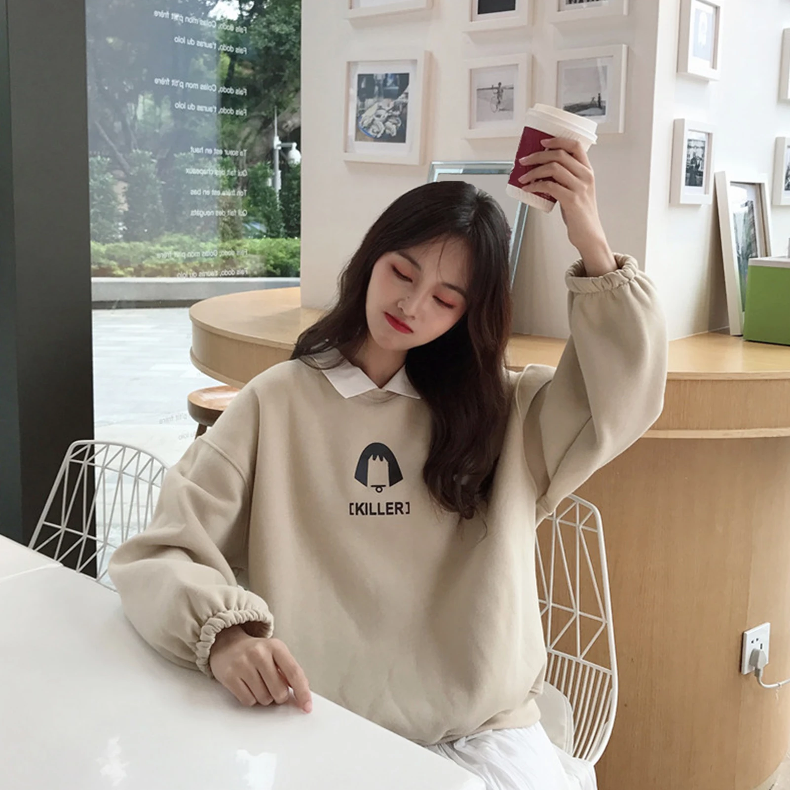 Women Sweatshirts Casual Pullover Tops Clothes Women Autumn Long Sleeve Turn Down Collar Letters Print Plush Sweatshirt Hoodie