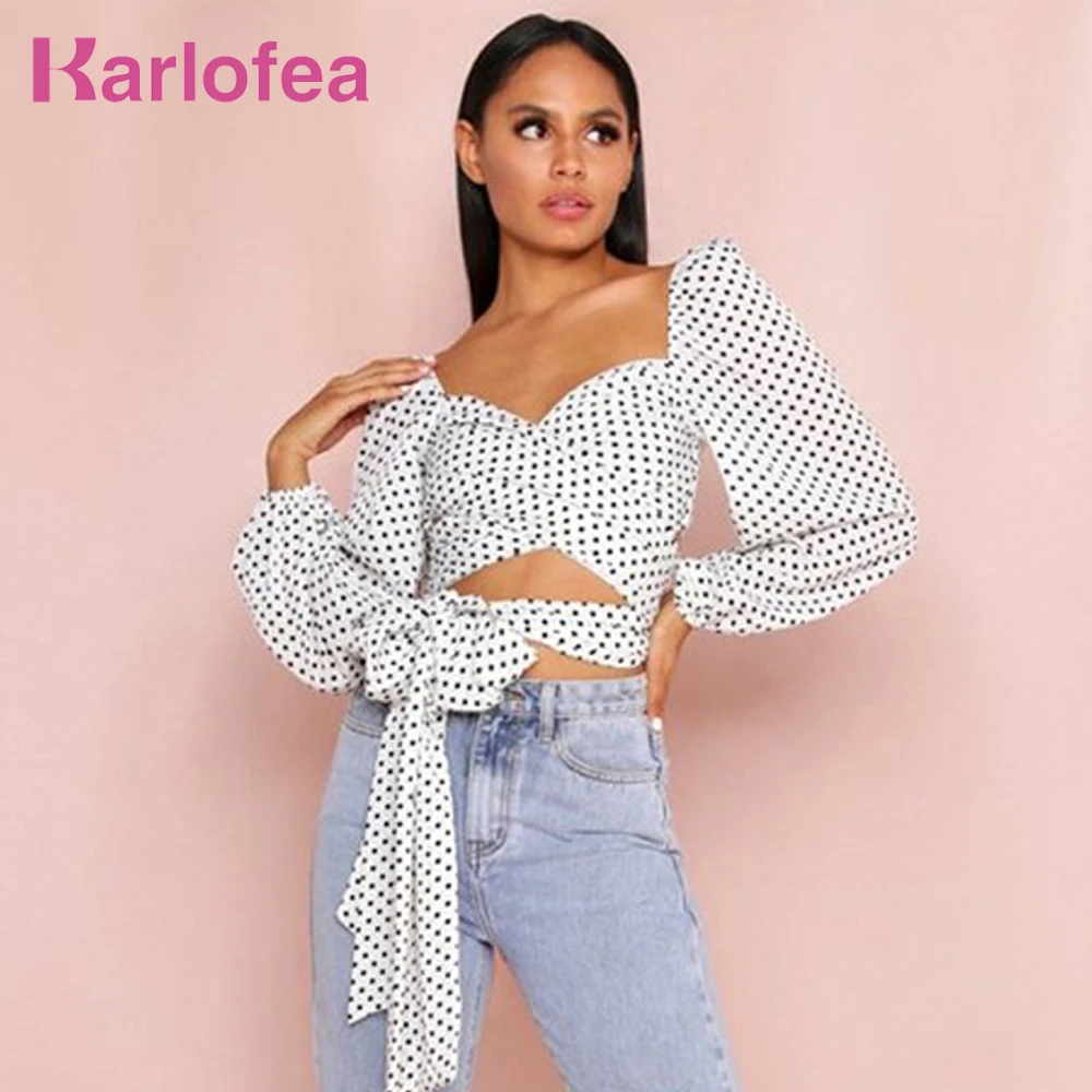 Женский топ в горошек с квадратным вырезом и длинным рукавом|Блузки| |