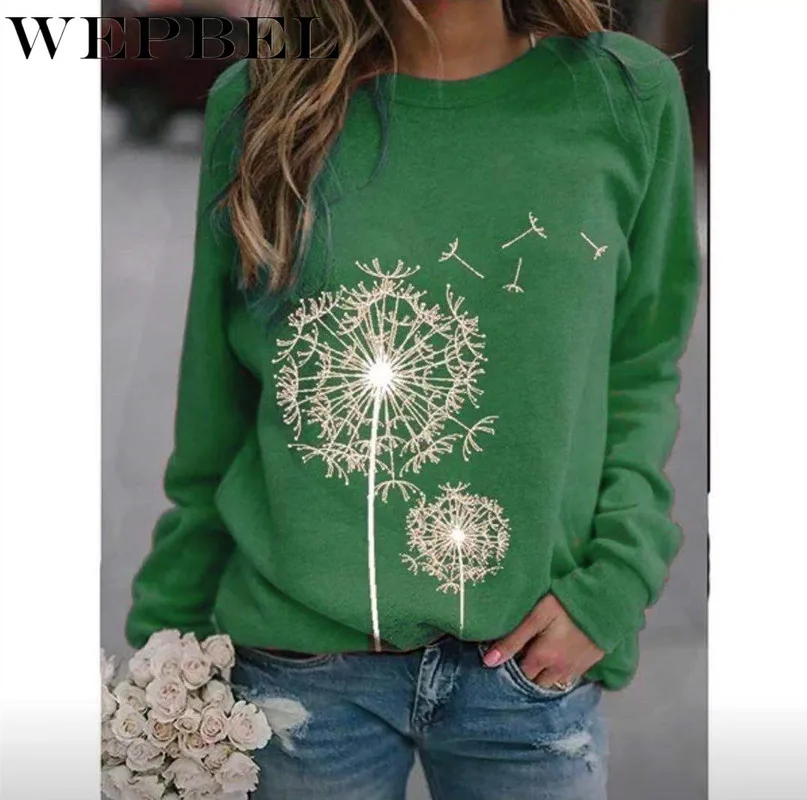 

WEPBEL Women Autumn Winter Loose Sweater Casual Long Sleeve O Neck Dandelion Print Sweatshirt Top