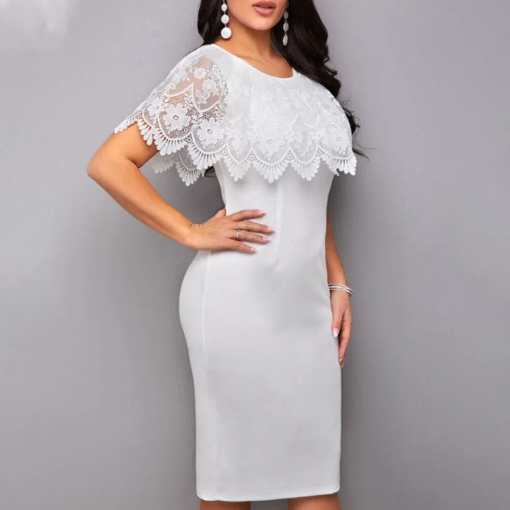 

Office Lady Fashion Temperament Casual Oversize African Summer Dres Pencil Lace Splicing White Cape Sleeve Round Neck 2021