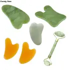 Набор инструментов для гуаша и массажа, зеленый скребок из натурального нефрита с камнями для лица, шеи, спины и челюсти, 2 в 1