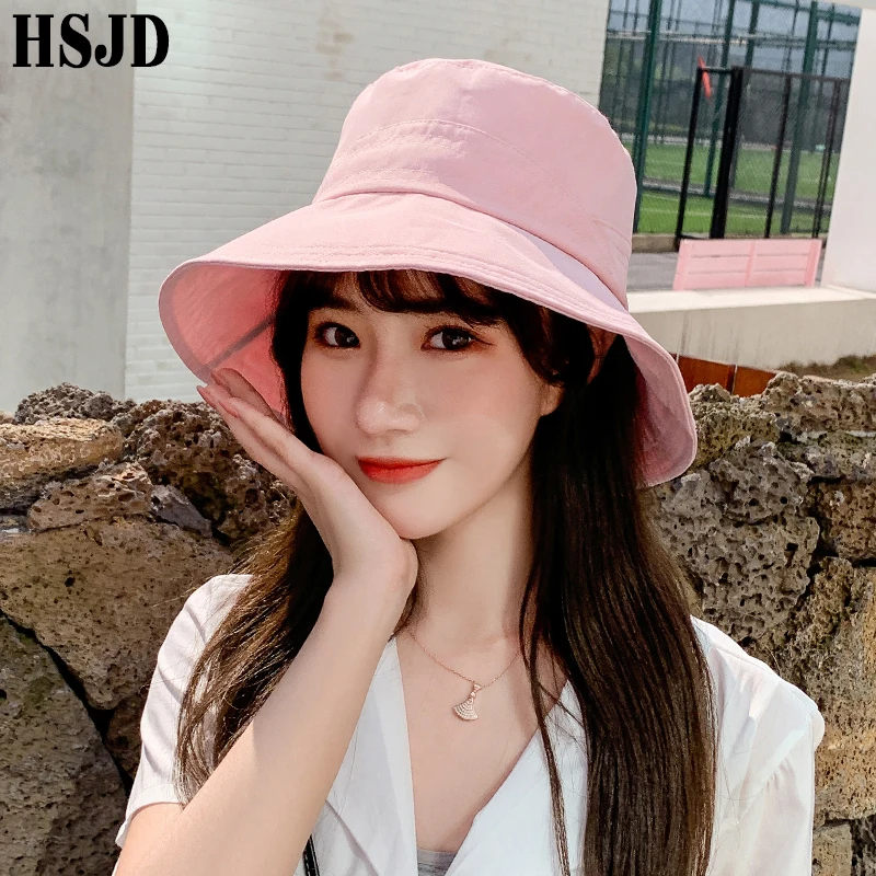 Summer Women Foldable Bucket Hat Solid Color Wide Brim Anti-UV Beach Cotton Sun Hats Female Panama Fisherman Hat Green Olives