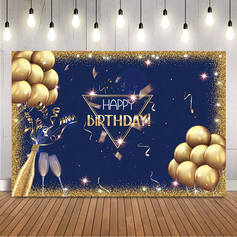 

Navy Blue Birthday Backdorp Gold Glitter Sprinkle Dots Party Balloons Champagne Confetti Photo Background Happy Birthday Party
