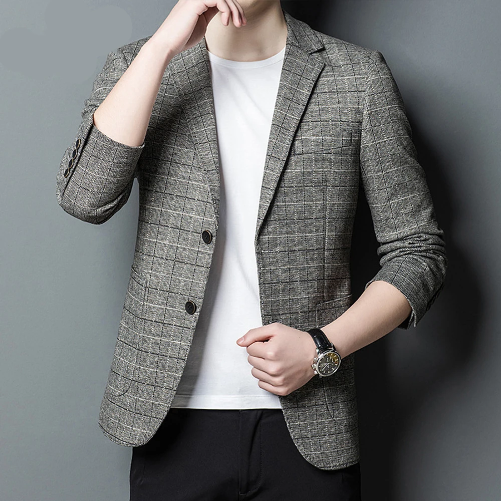 Autumn Men Slim Fit British Plaid Blazer Suit Jacket Casual Blazers Male Clothing Button Notched Men Blazer