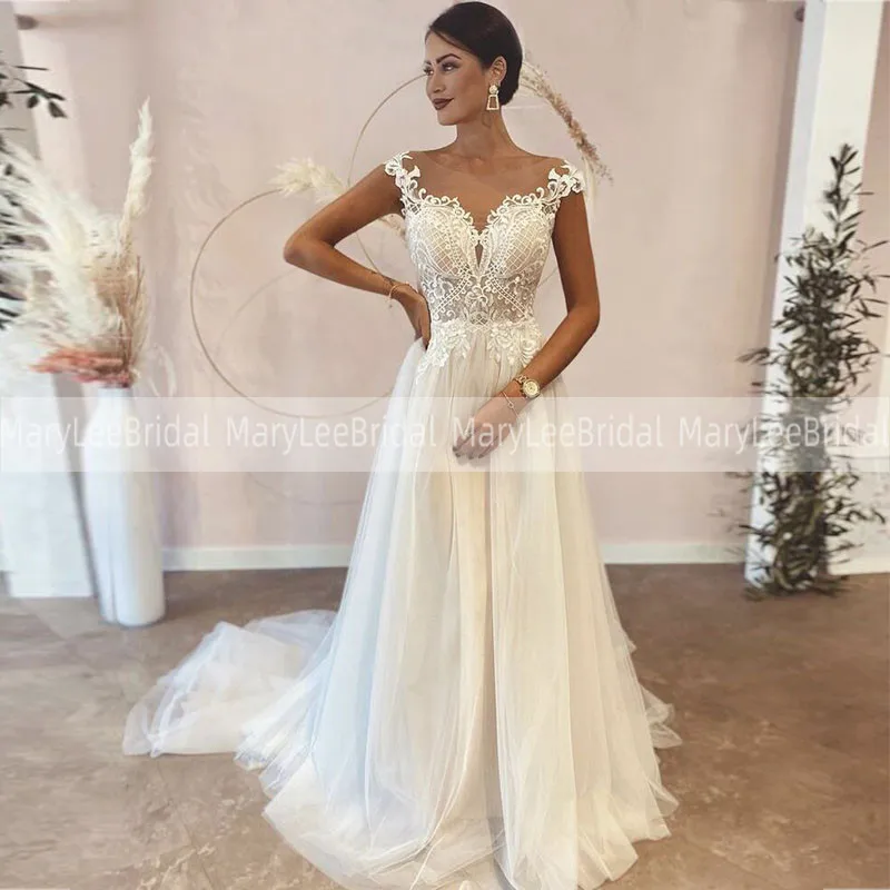 

Богемные Свадебные платья с рукавами-крылышками, прозрачное кружевное платье с глубоким вырезом и аппликацией, свадебное платье мечты с от...