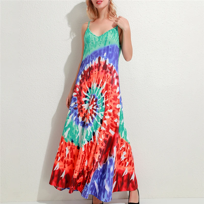 

Women Paisley Tie Dye Dress Summer Ladies Sexy Spaghetti Strap V Neck Ankle Length Plus Size 5XL Dress Casual Female Vestidos