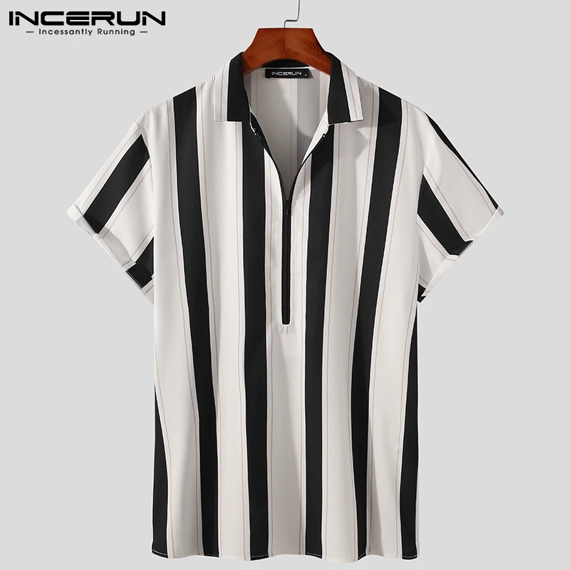 

Fashion Men Striped Shirt Lapel Short Sleeve Zipper Streetwear Camisas 2021 Breathable Casual Tops Men Clothing S-5XL INCERUN