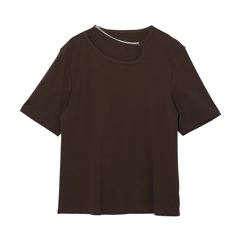 

Hollow Out Chain Decoration Solid Simple Tshirts for Women Elegant All-match Office Lady Shirt Casual Loose Soft Female Tops