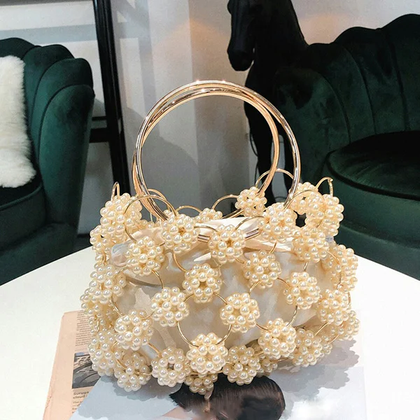 

Hollow Out Pearl Ball Evening Bag Women Korean Handmade Metallic Ring Handle Ladies Beaded evening Clutch Bag Purses Gold