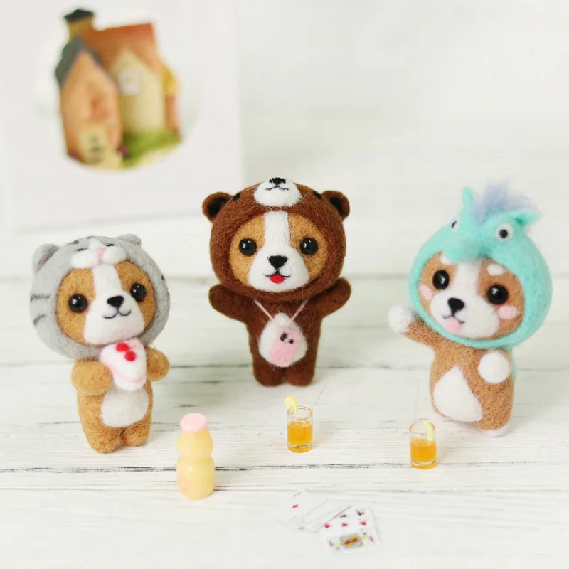 Необработанный набор милый медведь лиса кролик собака милая шерстяная игла для