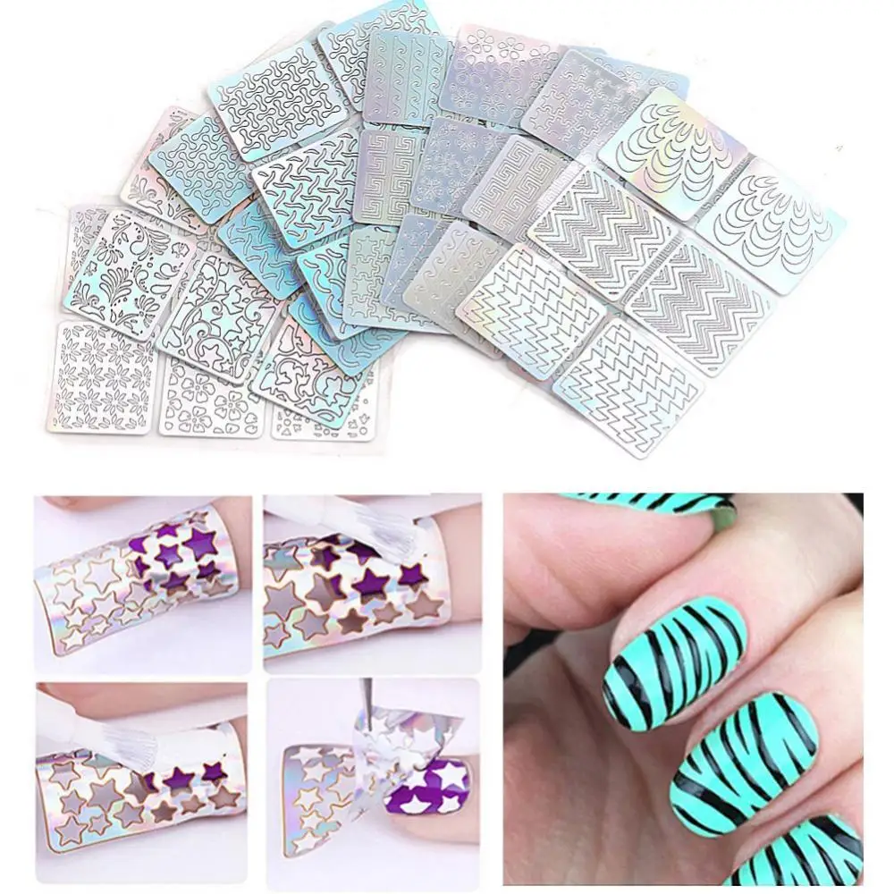 

24 Sheets Laser Nail Art Hollow Stickers Nail Vinyls 3D Image Transfer Guide Stencil Set Irregular Pattern Mixed Decals