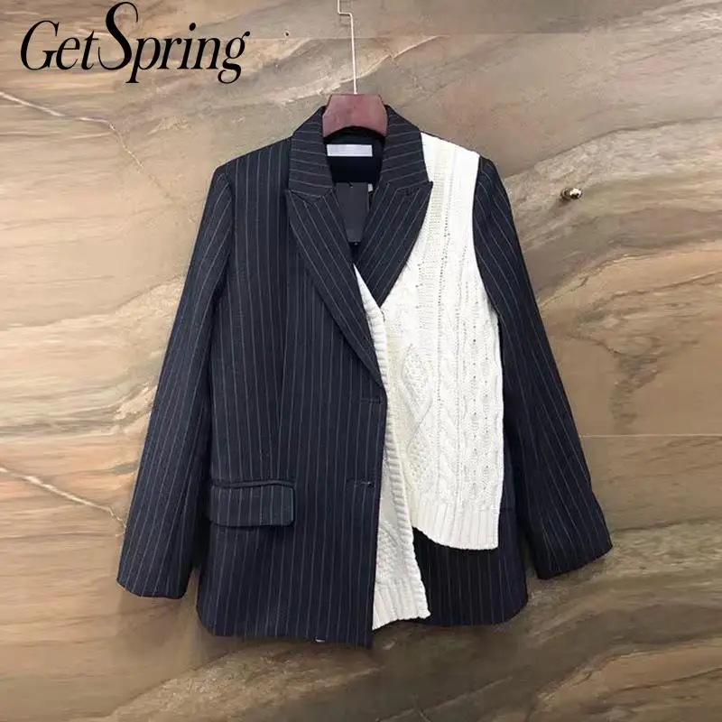 GetSpring Женский блейзер вязаный полосатый пальто лоскутный женский костюм куртка