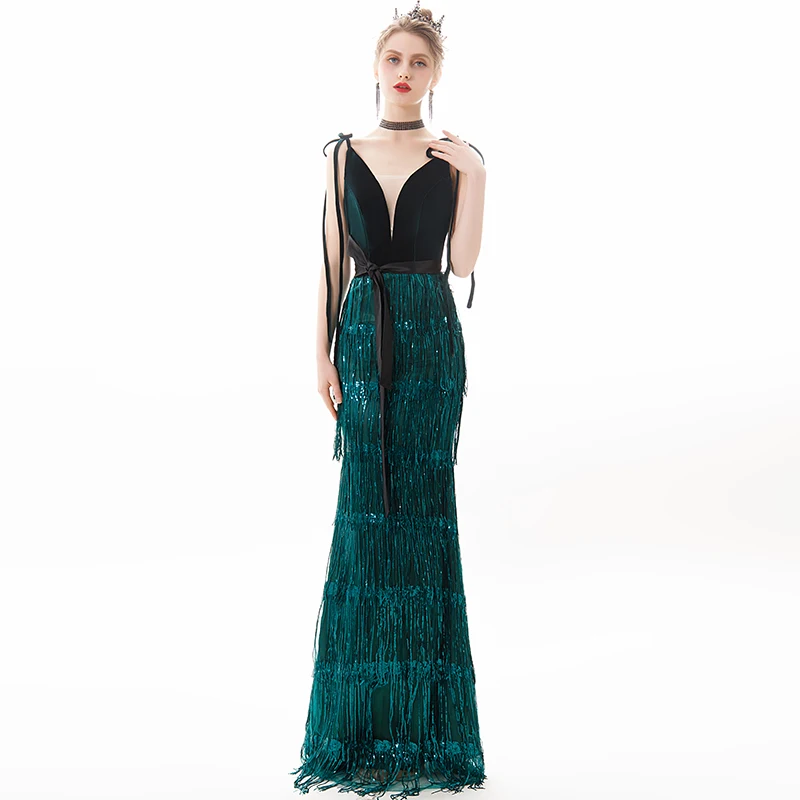 wei yin AE0380 Long Evening Dress Green Sequins Tassel Fashion Spaghetti Strap Party Gowns Formal Zipper Prom Dresses | Свадьбы и