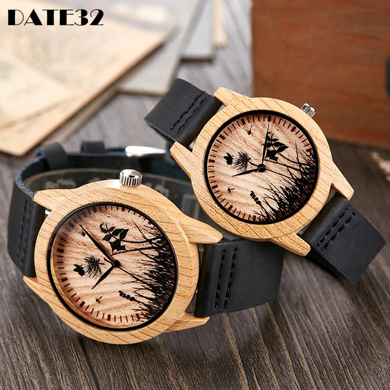 Imitation Bamboo Watch Unisex Genuine Leather Wooden Brown Quartz Wood Wristwatch Minimalist Men Women Male Female Couple Clock