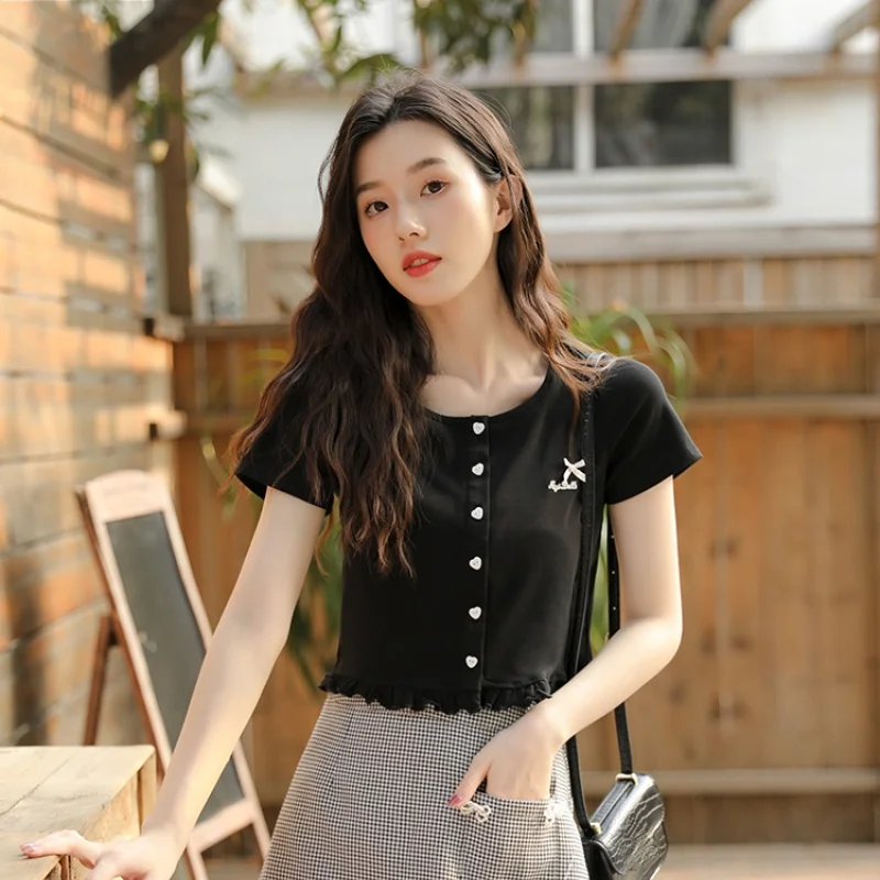 

New French Sweet and Spicy Short Summer Top Short Sleeve Thin Black T-Shirt Women's White Blue Pink Auricularia Bow