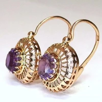 classic ladies gold color round hollow out yurt shaped purple crystal dangle earrings for women female party jewelry