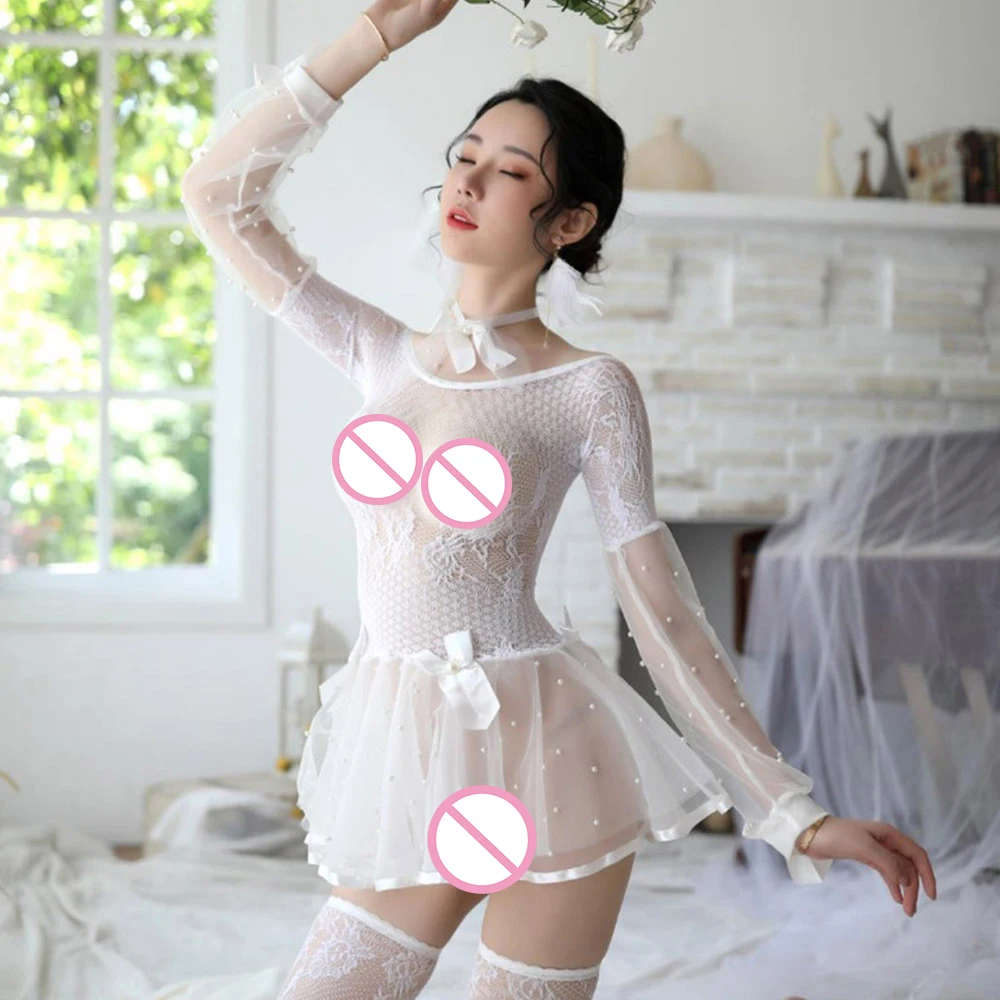 Sexy Exotic Women Lingerie Set Long Sleeves Mesh Skirt Sleepwear Babydoll Underwear Chemises with Stockings | Тематическая одежда