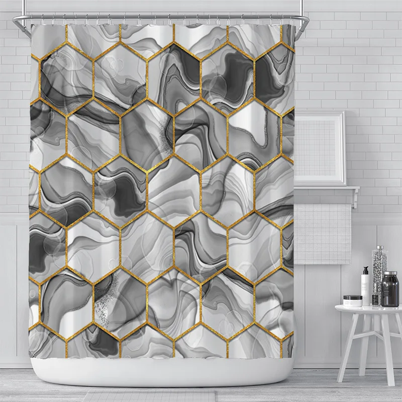 Cortina de Chuveiro Decoração do Banheiro Conjunto com 12 Prata Cinza Mármore Impressão Ganchos