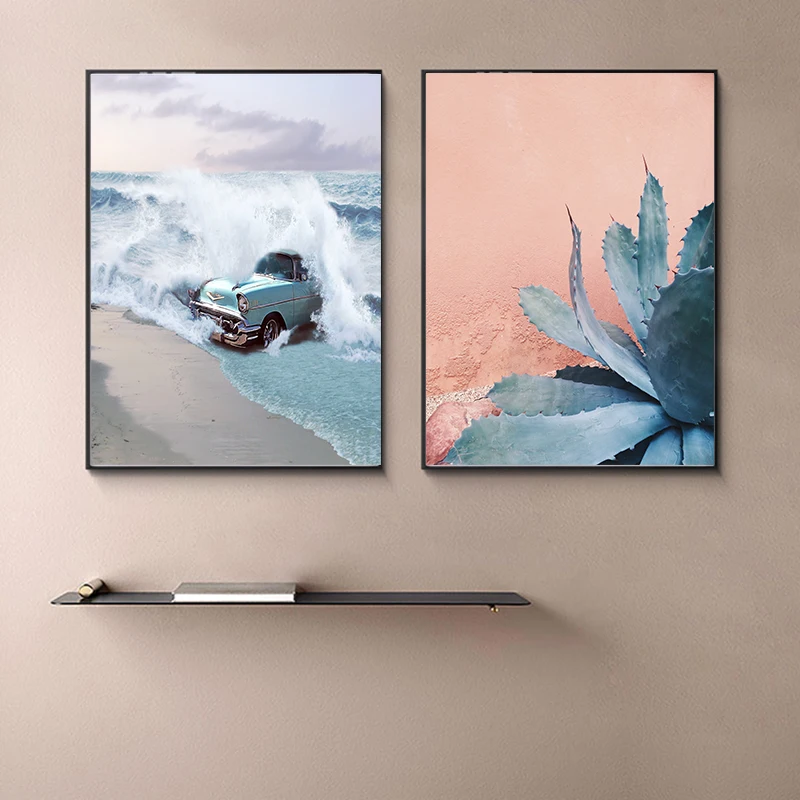 Tropical Wall Decor Blue Car Water Wave Canvas Print Botanical Art Succulent Cactus Painting Picture Posters | Дом и сад