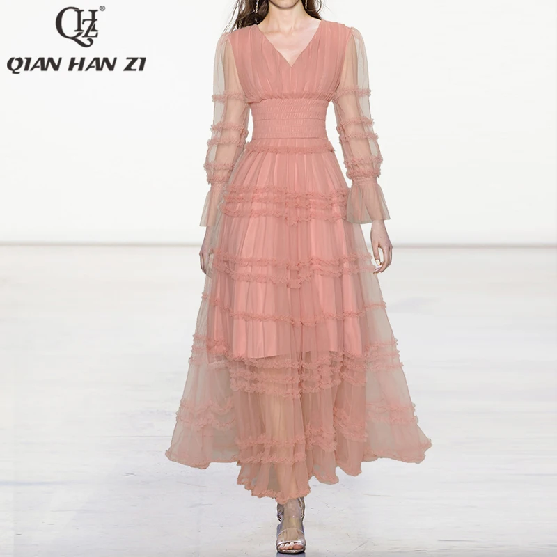 

Дизайнерское модельное платье макси QHZ, Сетчатое облегающее Элегантное Длинное Платье с V-образным вырезом, оборками и эластичным поясом, женское летнее платье с рукавом-фонариком