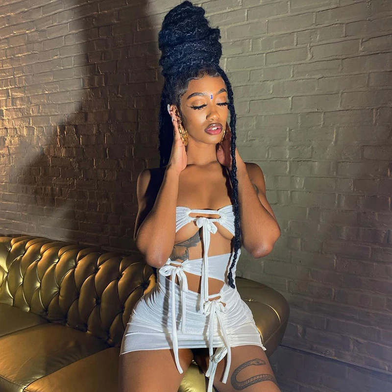 

Women Dress Summer 2021 Beach Outfit Wear New Strapless Hollow Lace Up Irregular Pleated Short Print Polyester Sierra Surfer