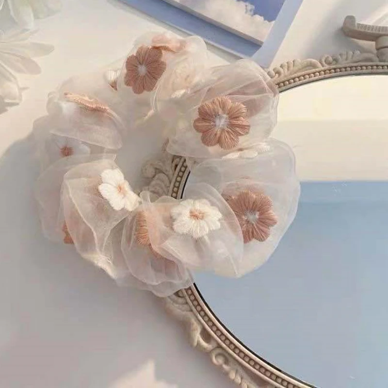 

Sweet Embroidery Flowers Mesh Scrunchies Women Romantic Pink Blue Hair Rope Transparent Hair Ties Hair Accessories