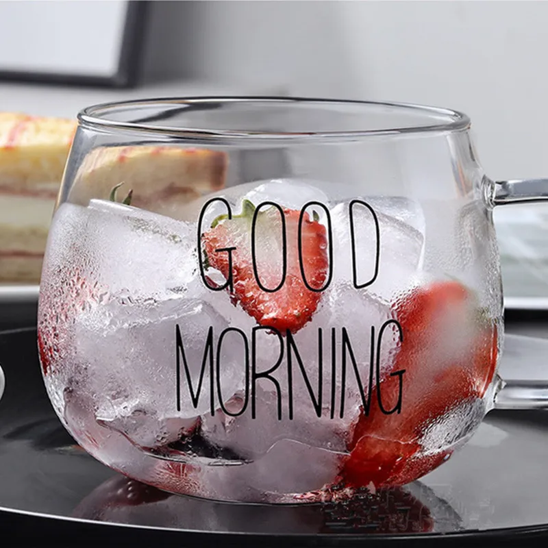 

Letter Printed Transparent Creative Glass Coffee Tea Drinks Dessert Breakfast Milk Cup Glass Mugs Handle Drinkware
