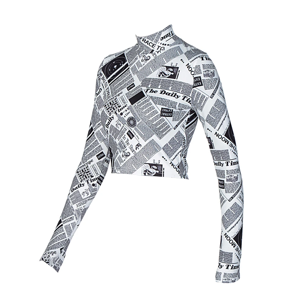 

Women's Letter Printed Top Stand Low-Collar Irregular Patchwork Long Sleeves Blouse