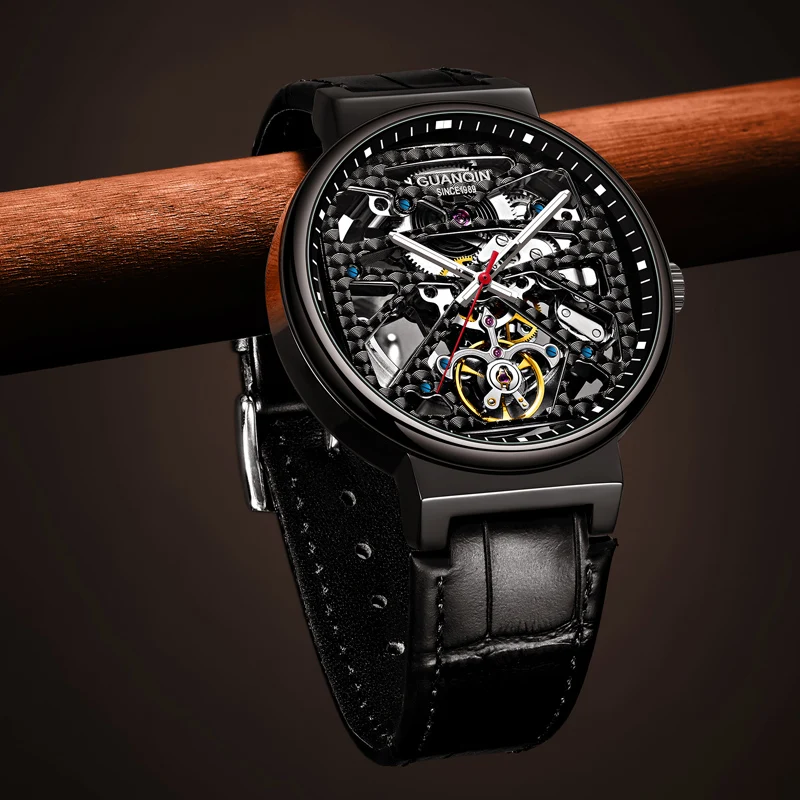 Guanqinブランドの男性が自動発光手防水機械式時計スケルトンメンズ腕時計革の高級メンズ腕時計 70 Off