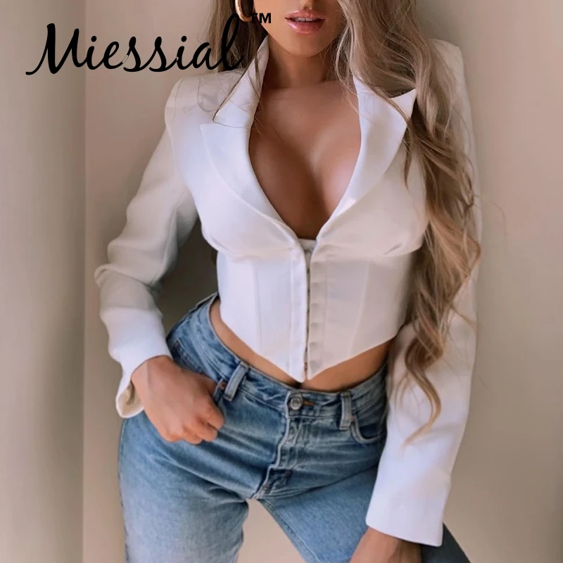 Miessial сексуальный винтажный белый Женский блейзер с v-образным вырезом