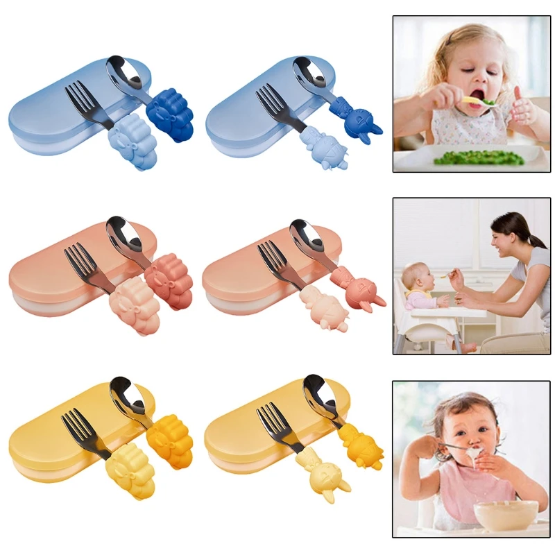

2 Pcs Cartoon Animal Baby Stainless Steel Spoon Fork Set Soft Silicone Teether 54DA