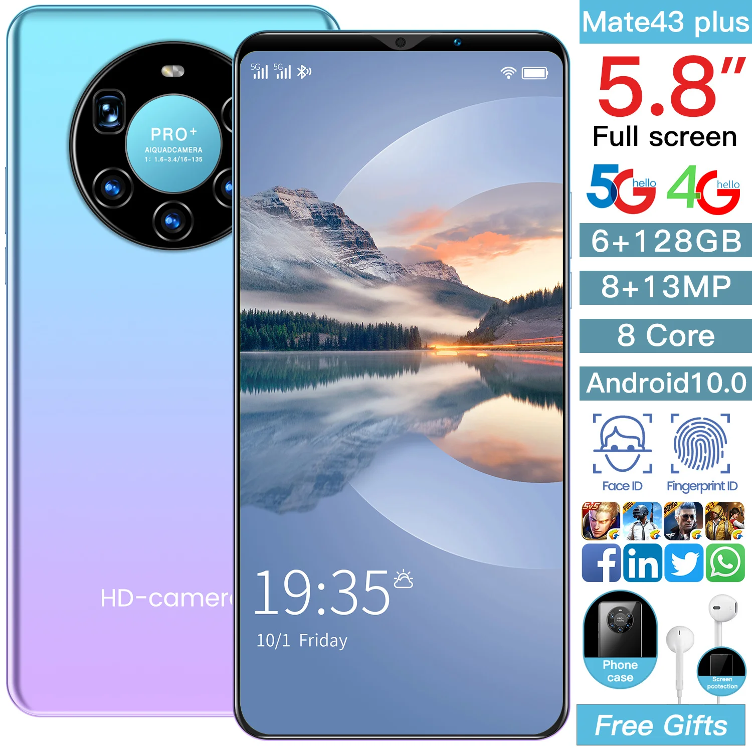

Hot Sale Smartphone Mate43 Plus 5.8Inch Full Screen 8+128G Cell Phone 8+13MP 4800MAH Face Fingerprint ID 5G Network 8 Core
