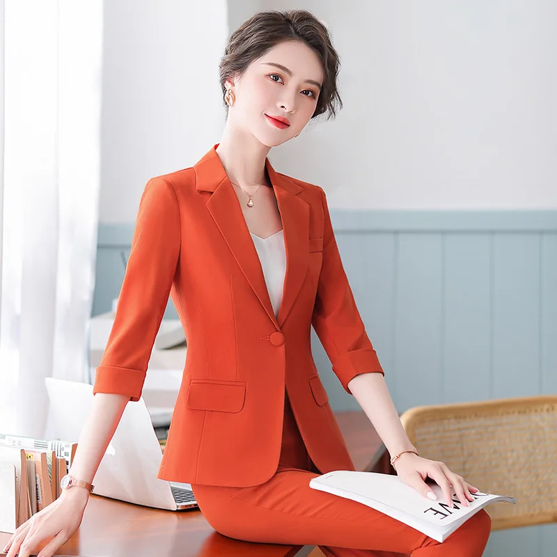 

Summer Office Trouser Suits for Women Summer Pant Suits Short Sleeve Blazer Jacket & Pencil Pants Black Pink Orange Female Suite