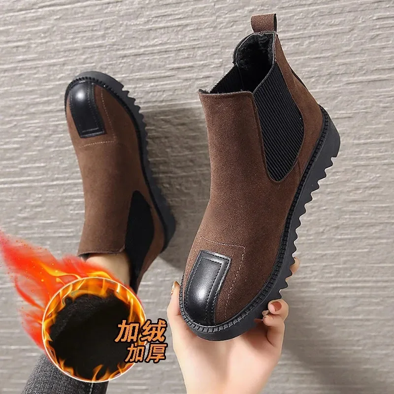 

2021 New Wild Thick Heel Short Tube Winter Warm Stretch Fabric Short Boots Suede Martin Boots