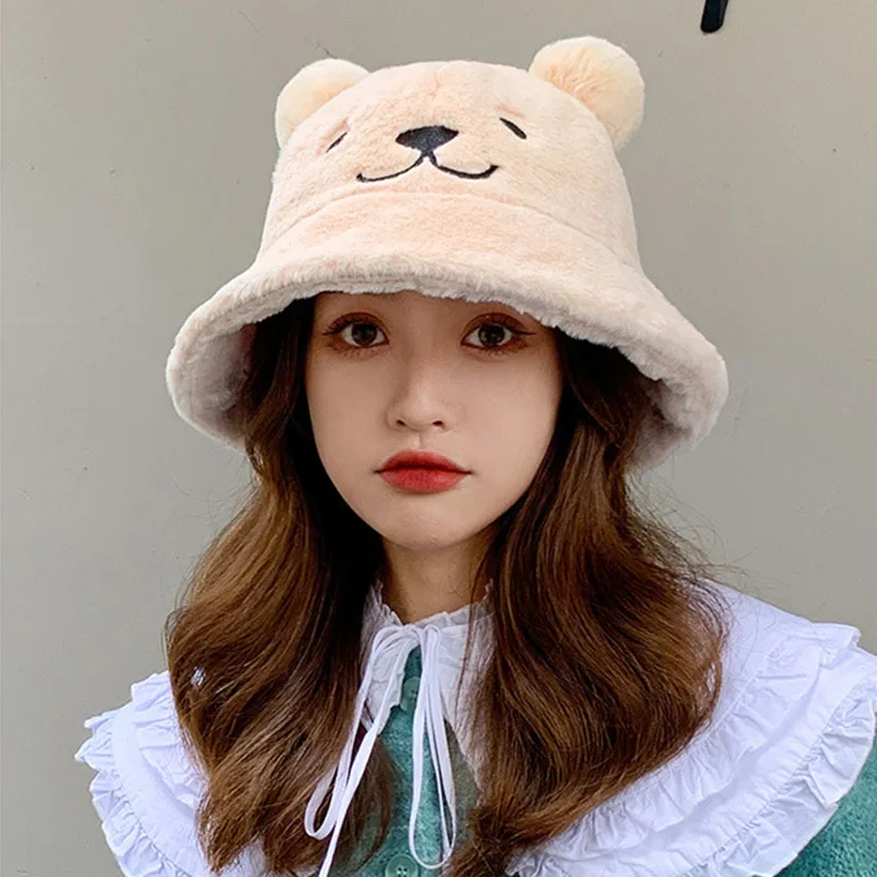 

2021 Fashion Autumn women Winter Cute bear ears Fur Bucket Hat Bear Ear Ball Plush Fisherman Hat Soft Warm Thick Basin Hat