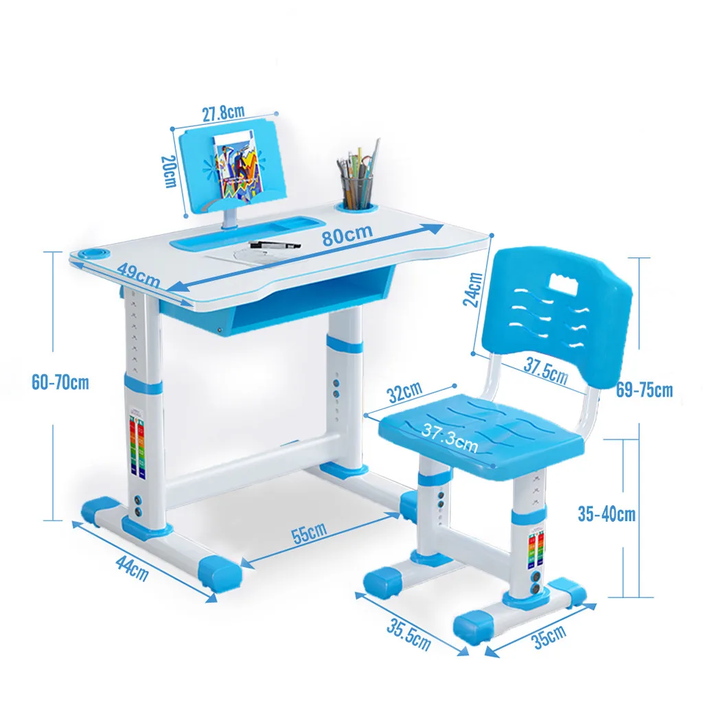 

[US Shipping]Children Study Desk Table and Chair Set Height Adjustable Writing Table with Open Storage Drawer and Reading Board