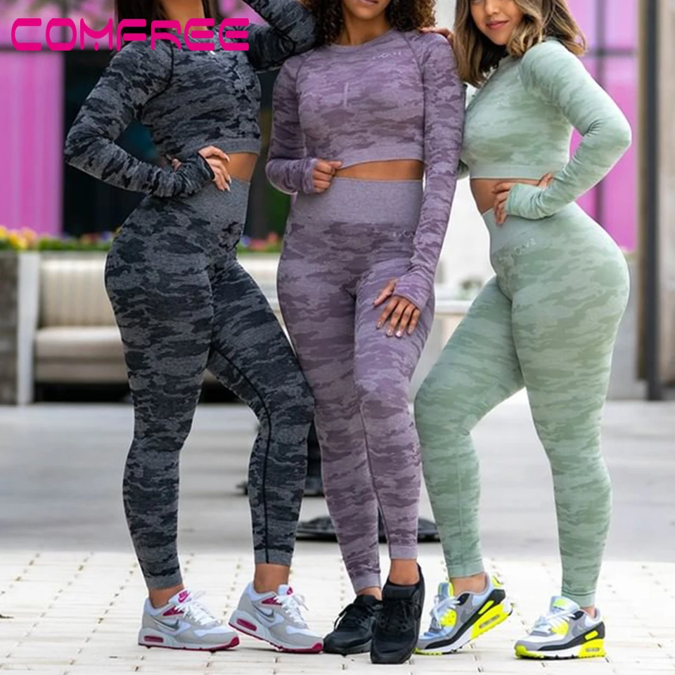 

Women Yoga Set Sport Outfits Gym Sportswear Fitness Clothing Long Sleeves Crop Tops Seamless Workout Leggings Running Suits