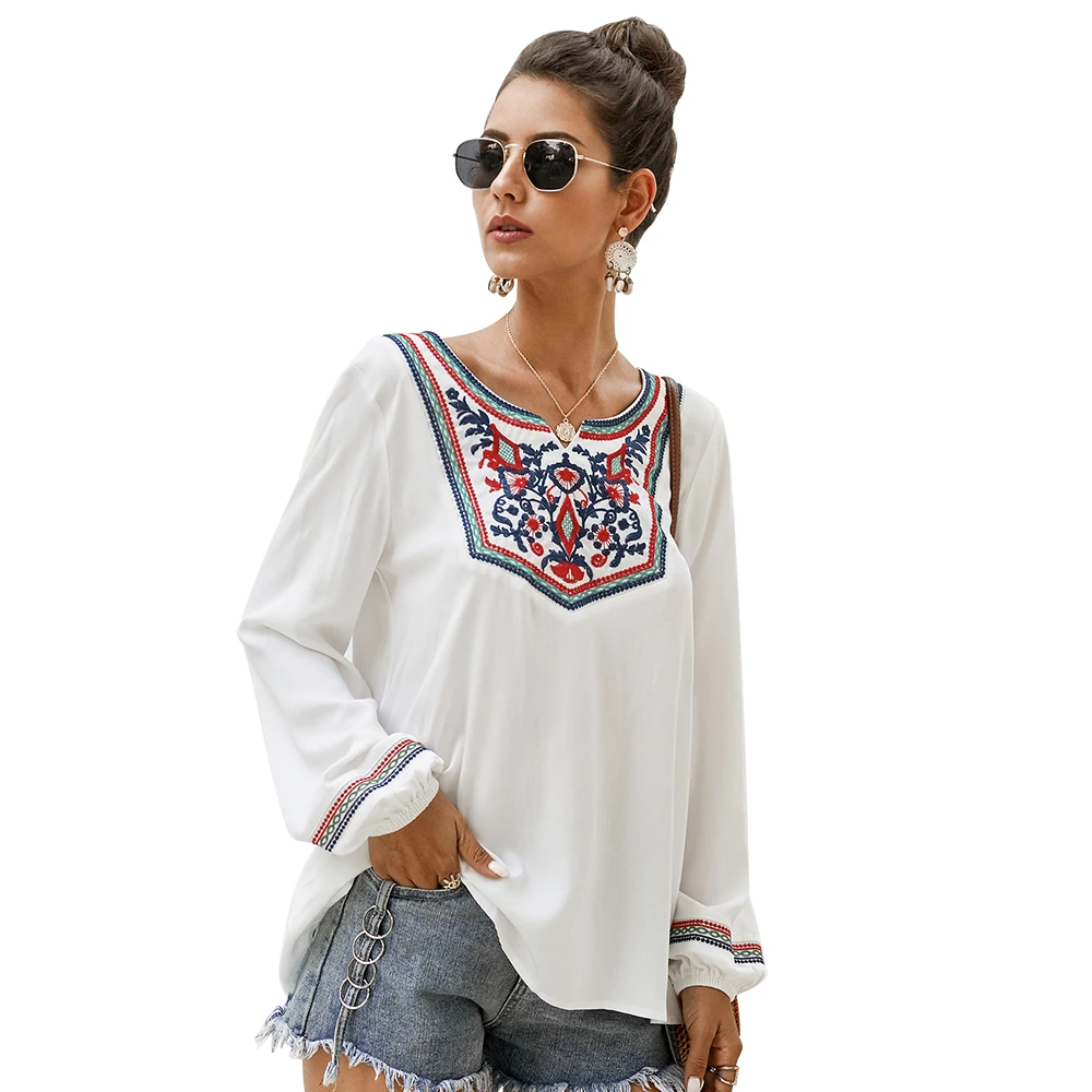 Этнические Винтажные белые блузки с цветочной вышивкой для женщин свободная