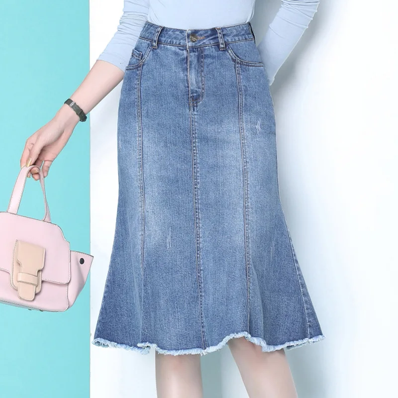 

2021 Summer New Korean High Waist Stretch Slim Fishtail Skirt All-match Simple Blue Casual Women Denim Long Skirt Free Shipping