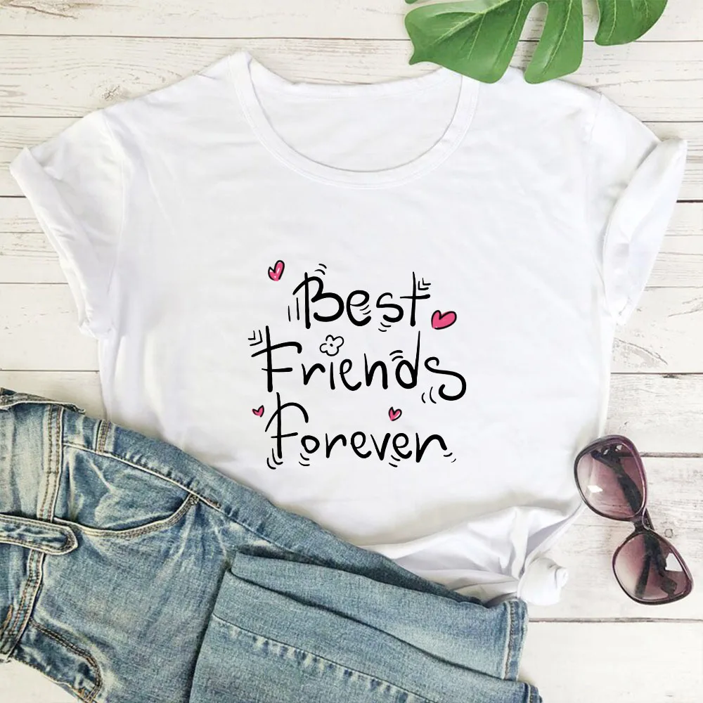Best Friends Forever Funny Tshirts Women Letter Print T-shirt Women Cute All-match Pattern T Shirt Women White Leisure Tops