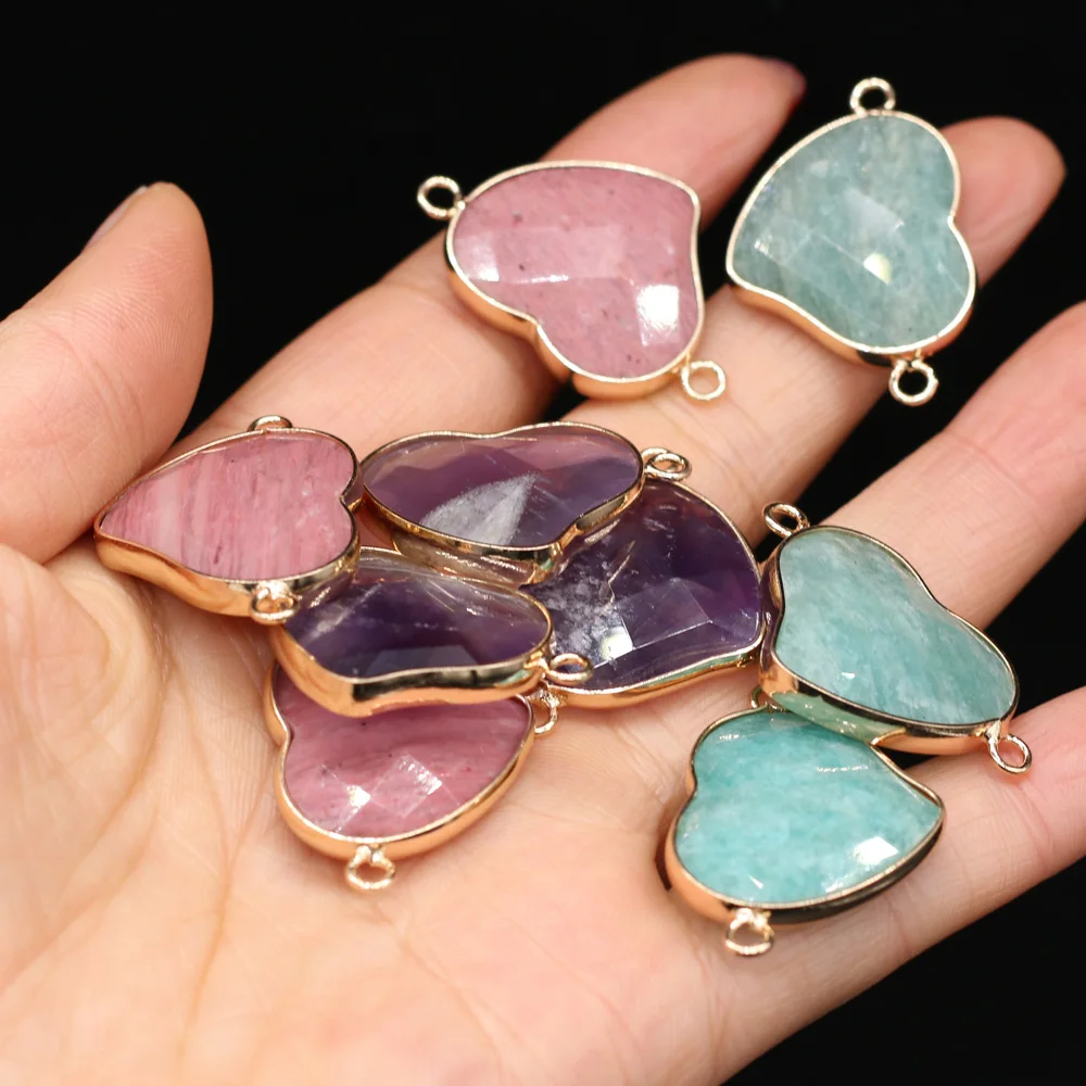 

Natural Semi-precious Amethysts Pendant Heart Shape Double Hole Connectors for Jewelry Making DIY Bracelet Necklace Accessories