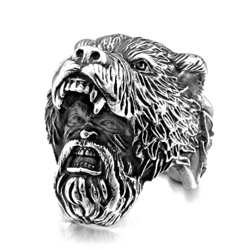 

Retro Vikings Punk Style Men Ring Silver Color Viking Bear Warrior Rock Ring for Men Riding Motorcycle Nordic Jewelry Wholesale