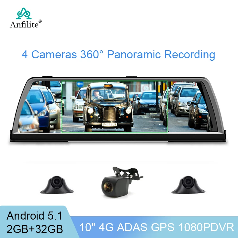 

4 Channel 360° Panoramic RearView Anfilite 10"IPS Android 5.1 GPS WiFi ADAS 4 Cameras Night Vision FHD 1080P 2+32GB Dash Camera