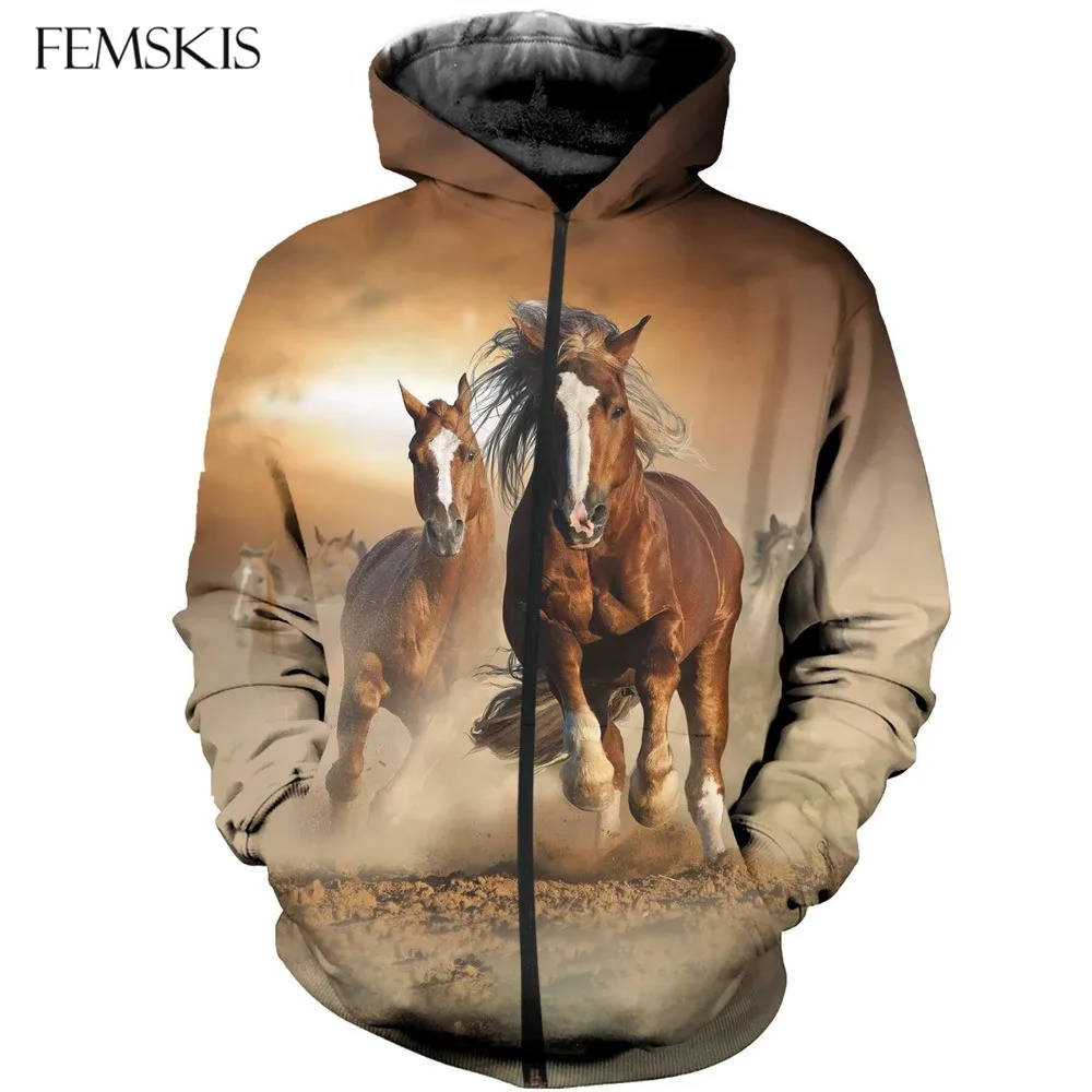 

FEMSKIS Fashion Sweatshirt Men Women 3D Horse Print Zip Hoodies Unisex Sweatshirts Streetwear Coat Tops Zipper Hooded Jackets
