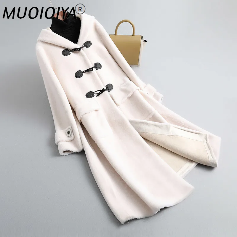 Женское шерстяное пальто с капюшоном длинное из овчины 2022 в Корейском стиле Gxy765