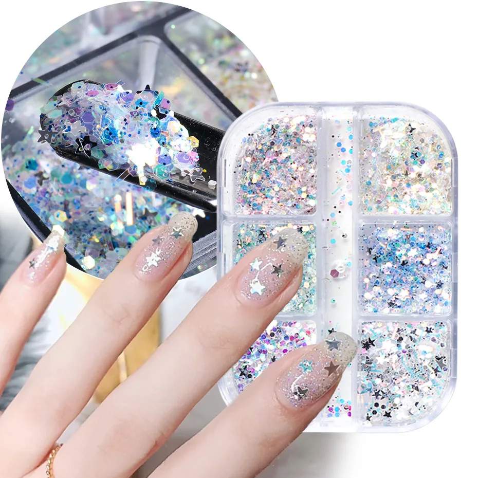 

6-compartment Nail Sequins Boxed Mixed Color Disc Nails Laser Irregular Patch Nail Accesoires 3d Nail Art Color Polka Dot