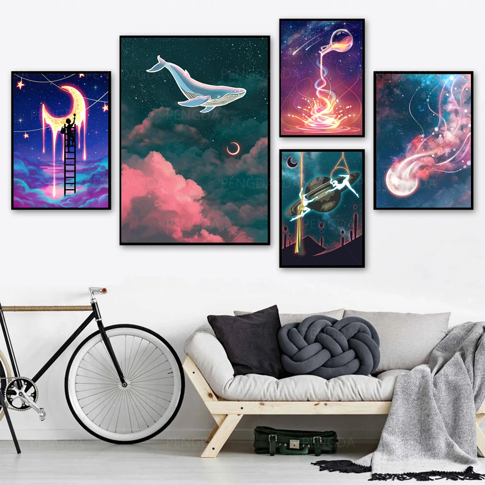 

Canvas Whale Painting Home Decor Modular Moon Pictures Printed Animal Jellyfish Poster For Living Room Wall Art No Framework